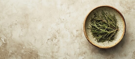 Top view of a small ceramic bowl with dried rosemary herb on textured paper, providing copy space.