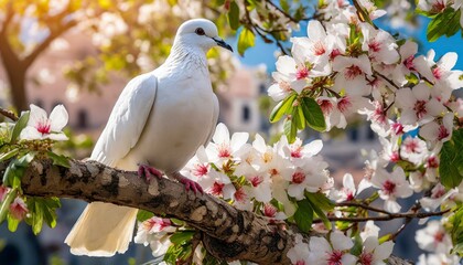 Obraz premium White Dove on a Blossoming Tree Branch