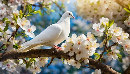 White Dove on a Blossoming Tree Branch