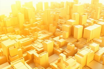 Model of yellow plastic city with tall houses modern design. Futuristic Business centers skyscrapers at the dawn of civilization. Generate Ai