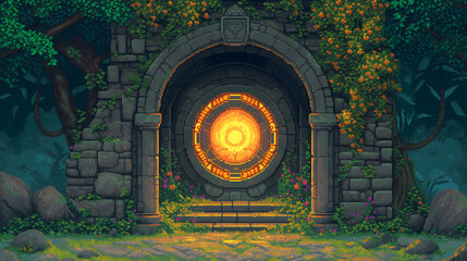 portal in the forest in pixel art game background, magic gate portal view, pixel art game background