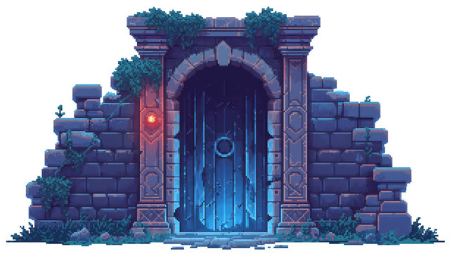 portal gate in pixel art game background, magic gate portal display, pixel art game background, isolated on white
