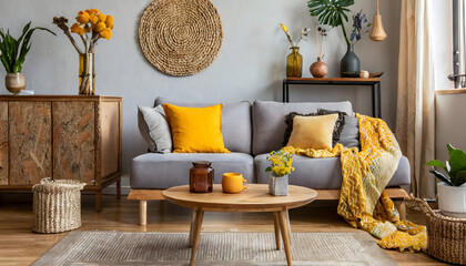 The stylish boho compostion at living room interior with design gray sofa, wooden coffee tab. Generative AI. - obrazy, fototapety, plakaty