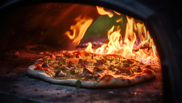 Flames dance in a traditional brick oven, heating up a delicious, hot pizza with bubbling mozzarella cheese and savory pepperoni - a mouthwatering Italian masterpiece.