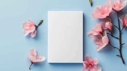 A blank white card surrounded by delicate pink flowers against a pastel blue background, ideal for invitations.