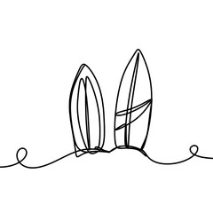 Surfboard on beach in one continuous line art drawing 