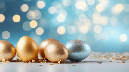 Shimmering gold and blue Easter eggs adorned with glitter, set against a backdrop of soft bokeh lights.