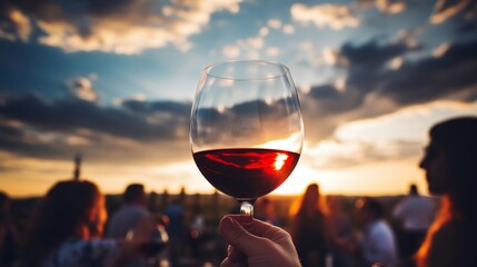 A person holding a glass of red wine, with a sunset and social gathering in the background.