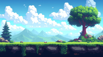 meadow hill terrain in blue sky in pixel art game style, pixel art game terrain, pixel art game background, landscape background in pixel art style