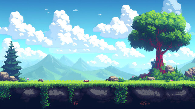 meadow hill terrain in blue sky in pixel art game style, pixel art game terrain, pixel art game background, landscape background in pixel art style