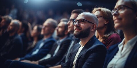 Attentive audience listening during a professional conference event, focus on man in foreground. - 717598907