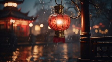 A red lantern glowing warmly on a rainy evening against a backdrop of an Asian-inspired ambiance.