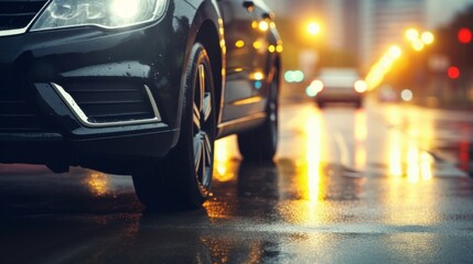 A black car's headlights shine on a rain-soaked urban street with city lights at night.