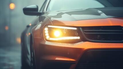 Fototapeta na wymiar Close-up of an illuminated headlight on a modern orange car during a foggy evening.