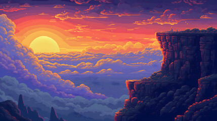 hill terrain in sunset in pixel art game style, pixel art game terrain, pixel art game background, landscape background in pixel art style
