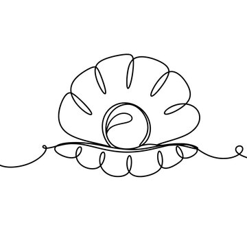 Pearl in a seashell one line art drawing 