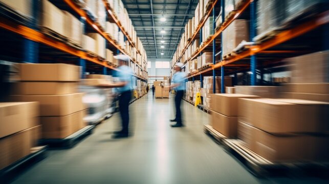 Blurred motion of workers and boxes in a busy, well-organized warehouse interior.