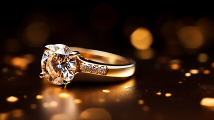 Ein Goldring mit Diamant, Verlobungsring auf dunklem Hintergrund 