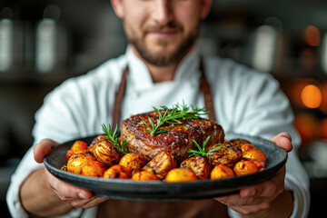 Close-up of a professional chef holding a plate with roasted potatoes