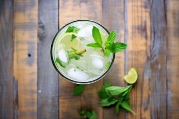 overhead shot of a virgin mojito on a wooden table with cut limes - obrazy, fototapety, plakaty