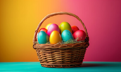 Easter basket filled with brightly colored eggs on vivid background.