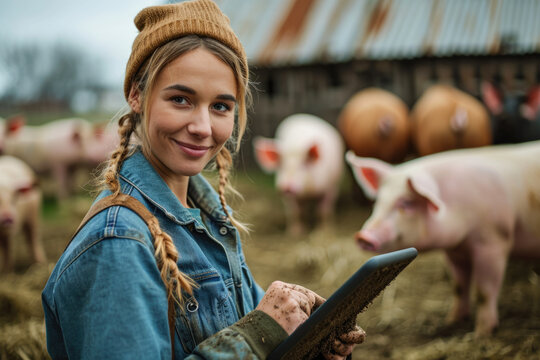 Portrait of smiling female farmer holding digital tablet while standing among piglets on farm