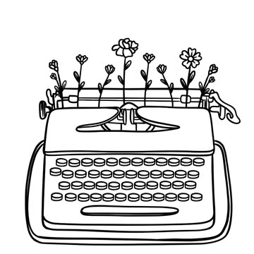 recommend clip art: Typewriter with flowers line art drawing