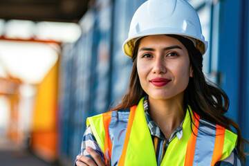 Portrait of a female warehouse worker wearing safety vest and hardhat