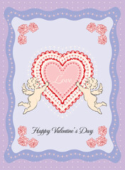 Fototapeta na wymiar Valentine'Day Heart Cupid Card Vector illustration, Hand Draw Cupid And Rose Love Emotion, Retro Valentine Gift Card