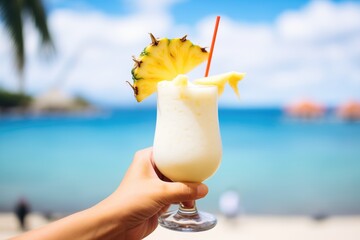 hand holding virgin pina colada with a beach backdrop under sunny skies