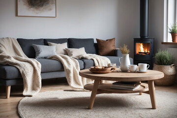 Modern Scandinavian style living room with fireplace