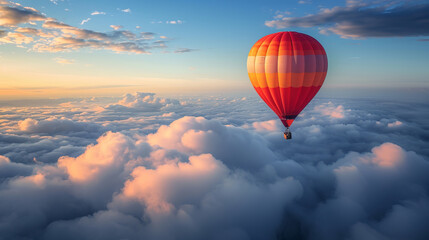 Fototapeta premium Hot air balloon soaring above clouds at sunrise, AI Generative.