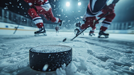 Intense hockey match action close-up on puck, AI Generative. - obrazy, fototapety, plakaty