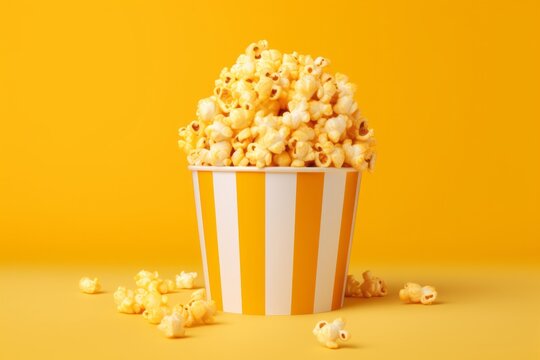 Sweet and Savory Kettle Corn in a Sunny Yellow Bucket, a Snack for All Tastes, on isolated yellow background, Generative AI
