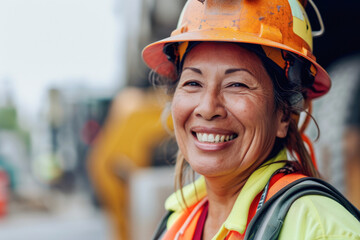 Portrait of happy female construction worker smiling and looking at camera.
