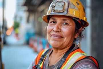 Portrait of senior hispanic woman construction worker wearing safety helmet and reflective vest standing in front of construction site.