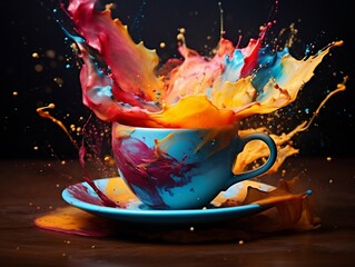 Colorful splashed in coffee cup sitting on table