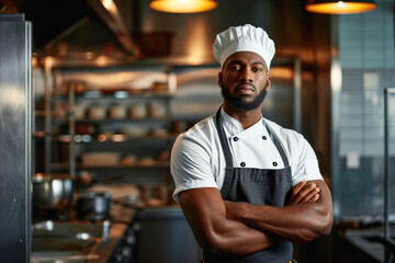 Confident African-American male chef standing with arms crossed in restaurant kitchen