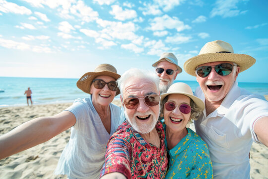 group of happy senior friends taking selfie on the beach at summer vacation