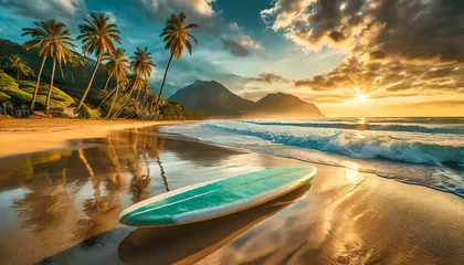 Gordijnen Surfboard on the sandy beach of a beautiful tropical island with palm trees and sea waves crashing on the coast at sunset or sunrise. Generative Ai. © Alberto Masnovo