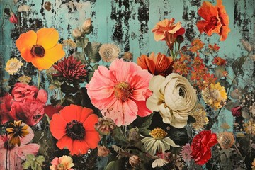 Eclectic Floral Mosaic on Turquoise Distressed Canvas