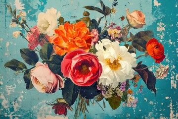 Fototapeta na wymiar Timeless Elegance: A Vintage Bouquet Against a Turquoise Sky
