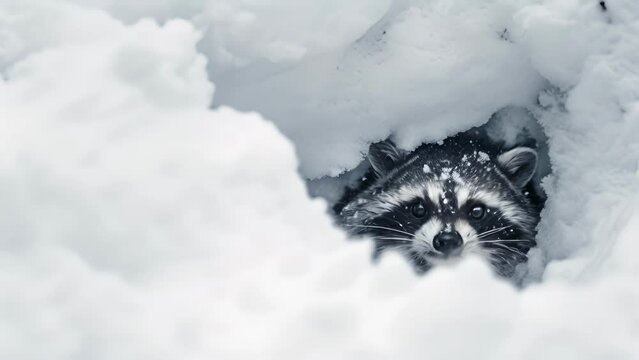 Closeup of a mischievous rac its masked face emerging from a fluffy snowdrift.