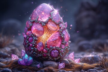 porcelain egg completely covered with geodes and crystals of different sizes, colors of the rainbow spectrum