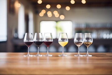 a red wine flight with assorted varietals in a row - obrazy, fototapety, plakaty