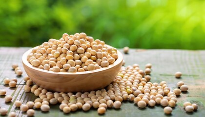 Soybean seeds on the table with a natural green background