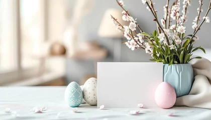 Fotobehang Mockup for a greeting card. Blank greeting card on a table with flowers. Colorful Easter eggs and spring flowers on easter festive background. Happy Easter! Empty greeting card, postcard or banner. © radekcho