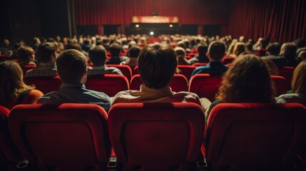 Rear view of people on armchairs watching a movie, a play, a concert in a cinema, a theater. Entertainment, movie night, weekend and vacation concepts.