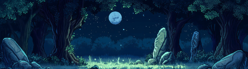 in the middle of the forest at night with moonlight in pixel art style, pixel art background, forest at night, rpg game background, background with a ratio size of 32:9