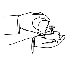 Male hands hold opened box for jewelry or wedding ring one line art